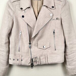 THEORY Women’s Linen Belted Shrunken Motorcycle Jacket - Beige. Size: XS